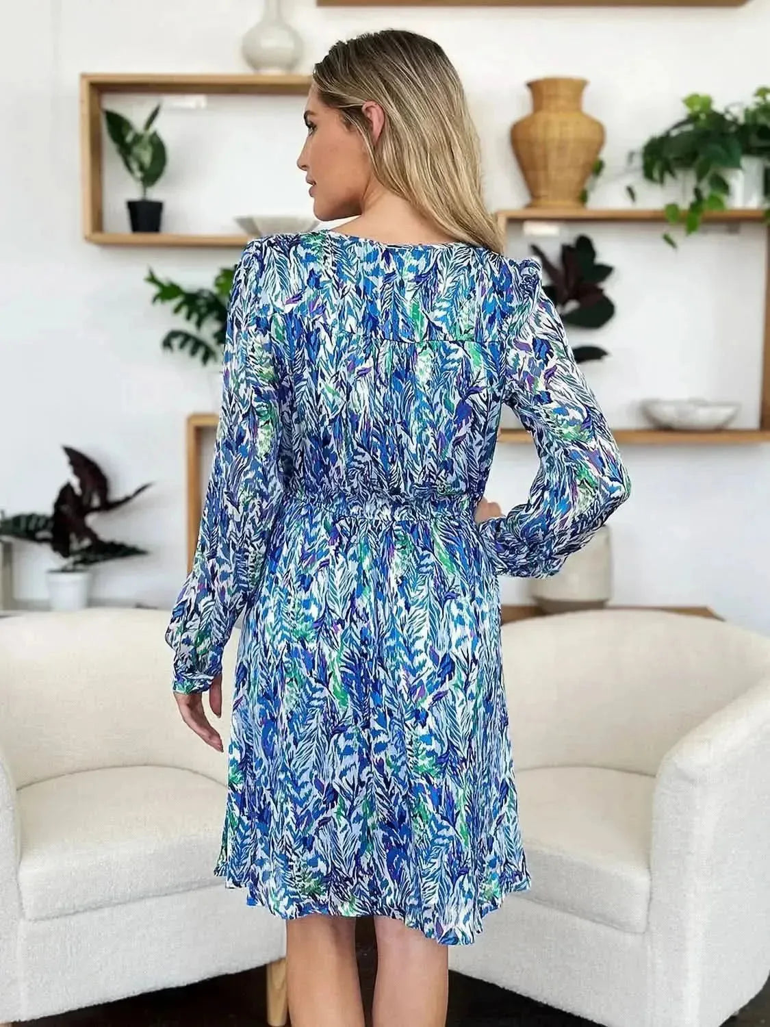Double Take Full Size Printed Drawstring Waist Long Sleeve Dress - Bad Moms Club