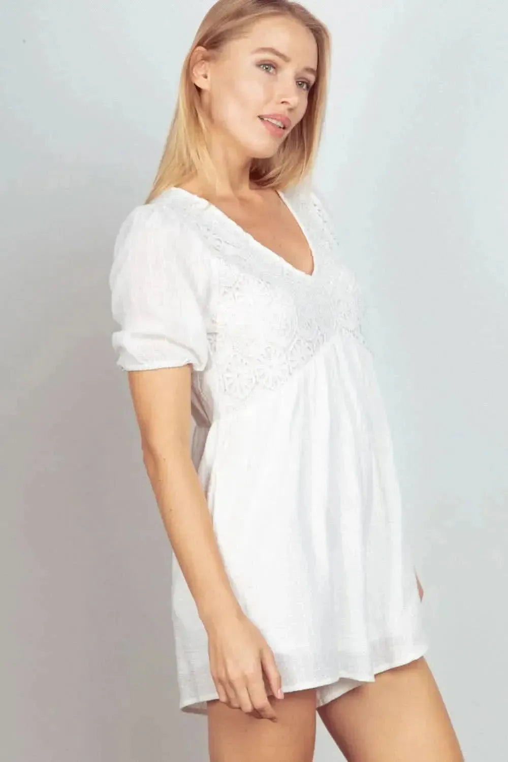 VERY J Lace Detail Puff Sleeve Romper with Pockets - Bad Moms Club