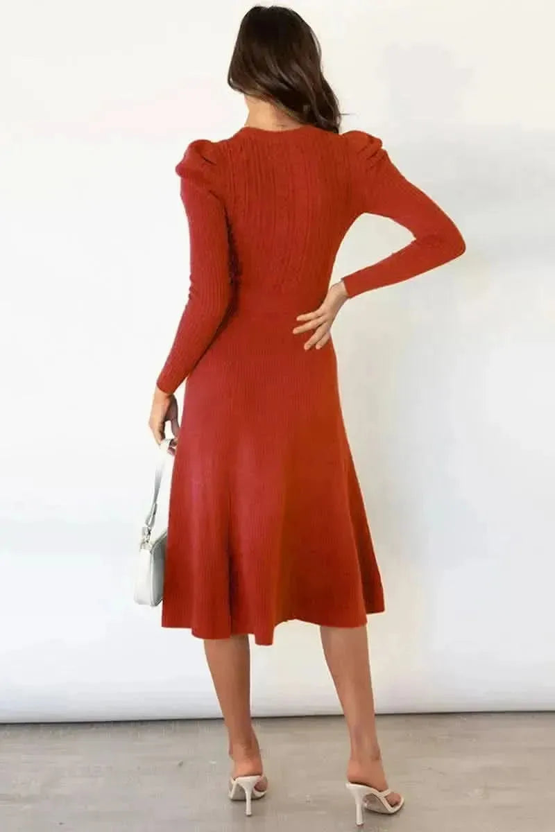 Round Neck Long Sleeve Tie Waist Sweater Dress - Bad Moms Club