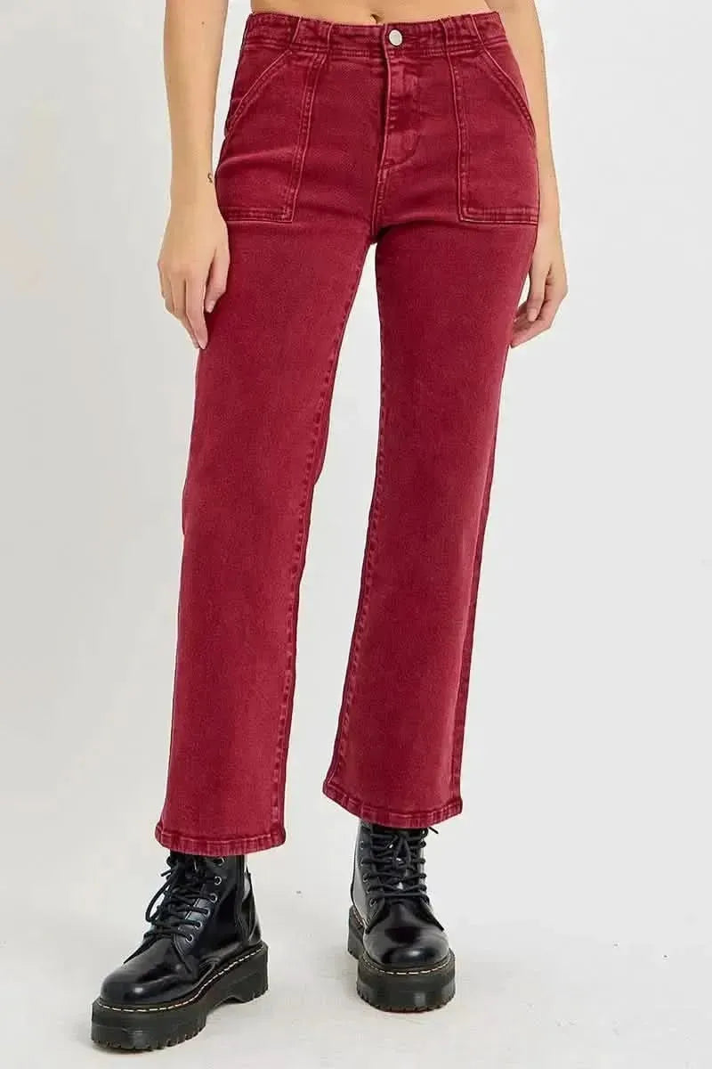 RISEN Full Size High Rise Straight Jeans with Patch Pockets - Bad Moms Club