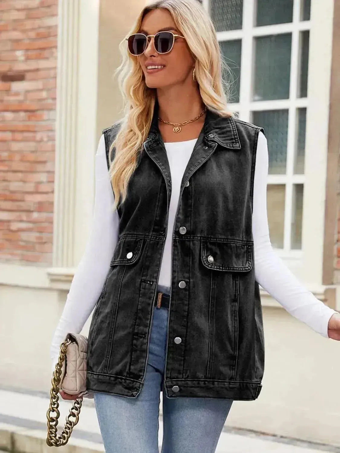 Button Up Collared Neck Denim Jacket with Pockets - Bad Moms Club