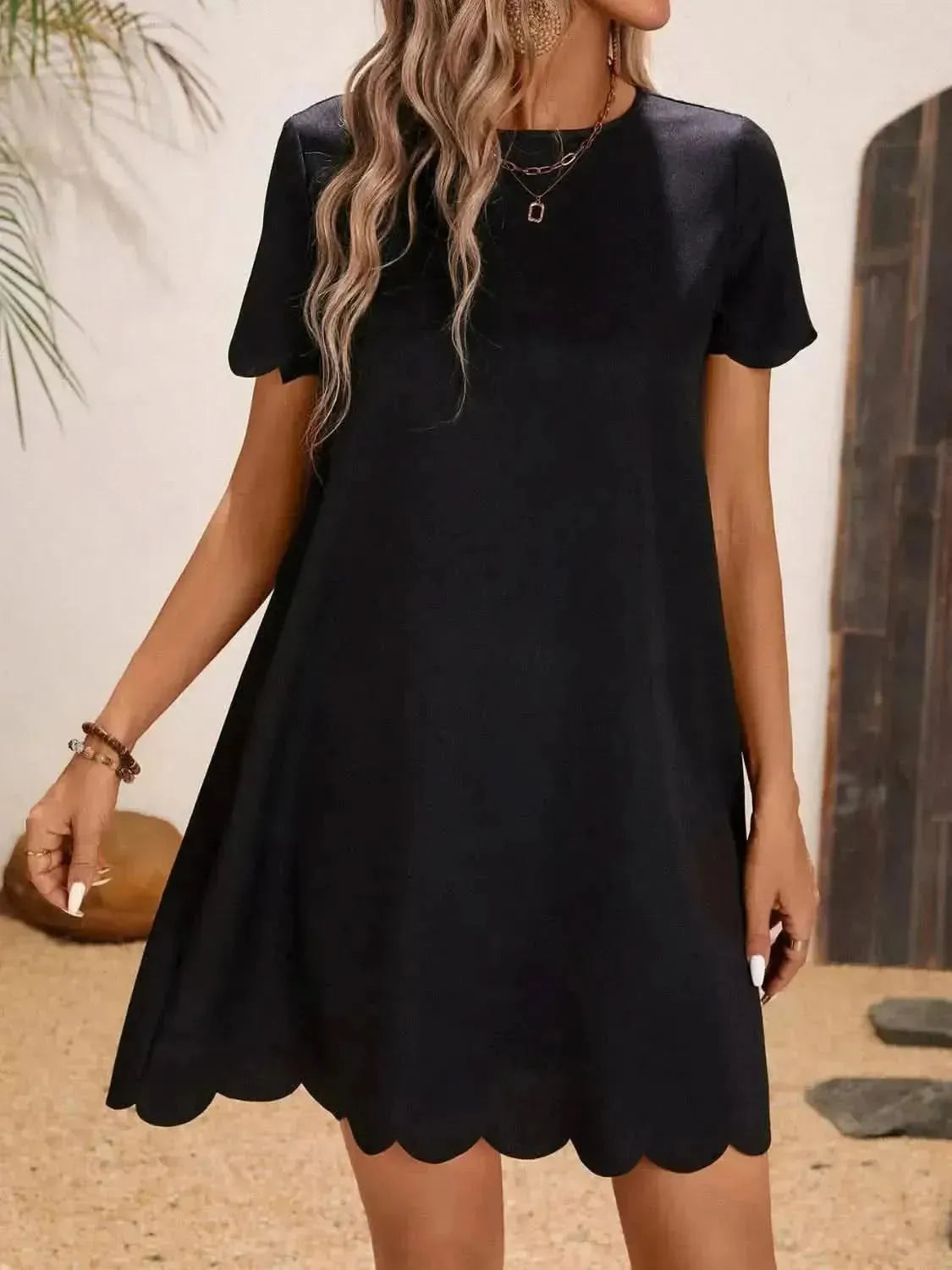 Scalloped Hem Round Neck Short Sleeve Dress - Bad Moms Club