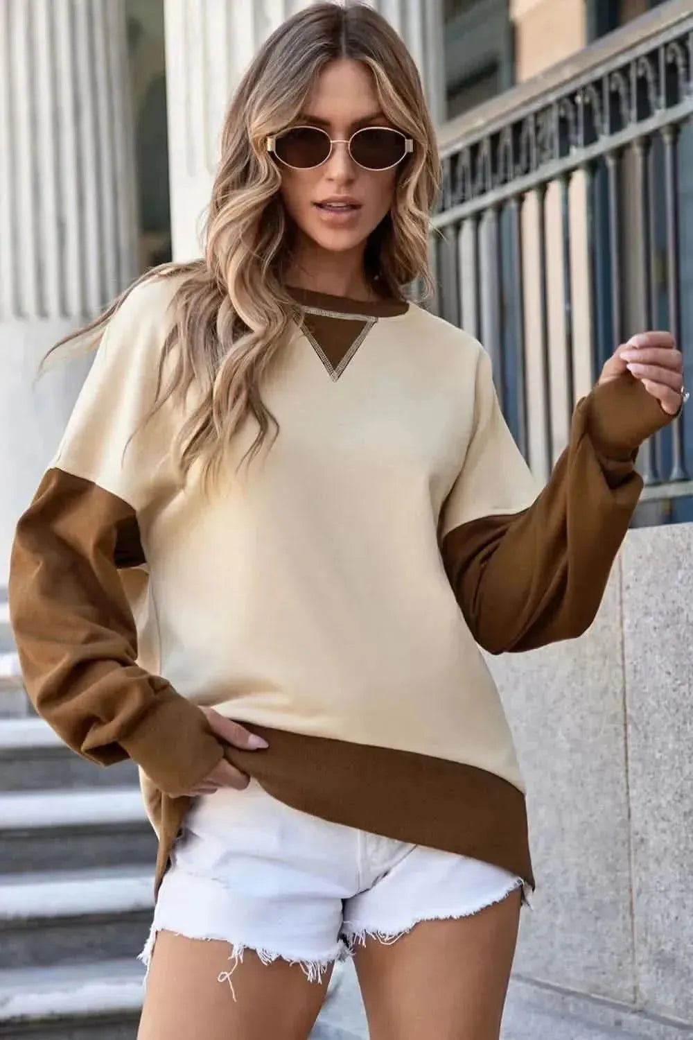 Color Block Round Neck Long Sleeve Sweatshirt - Bad Moms Club