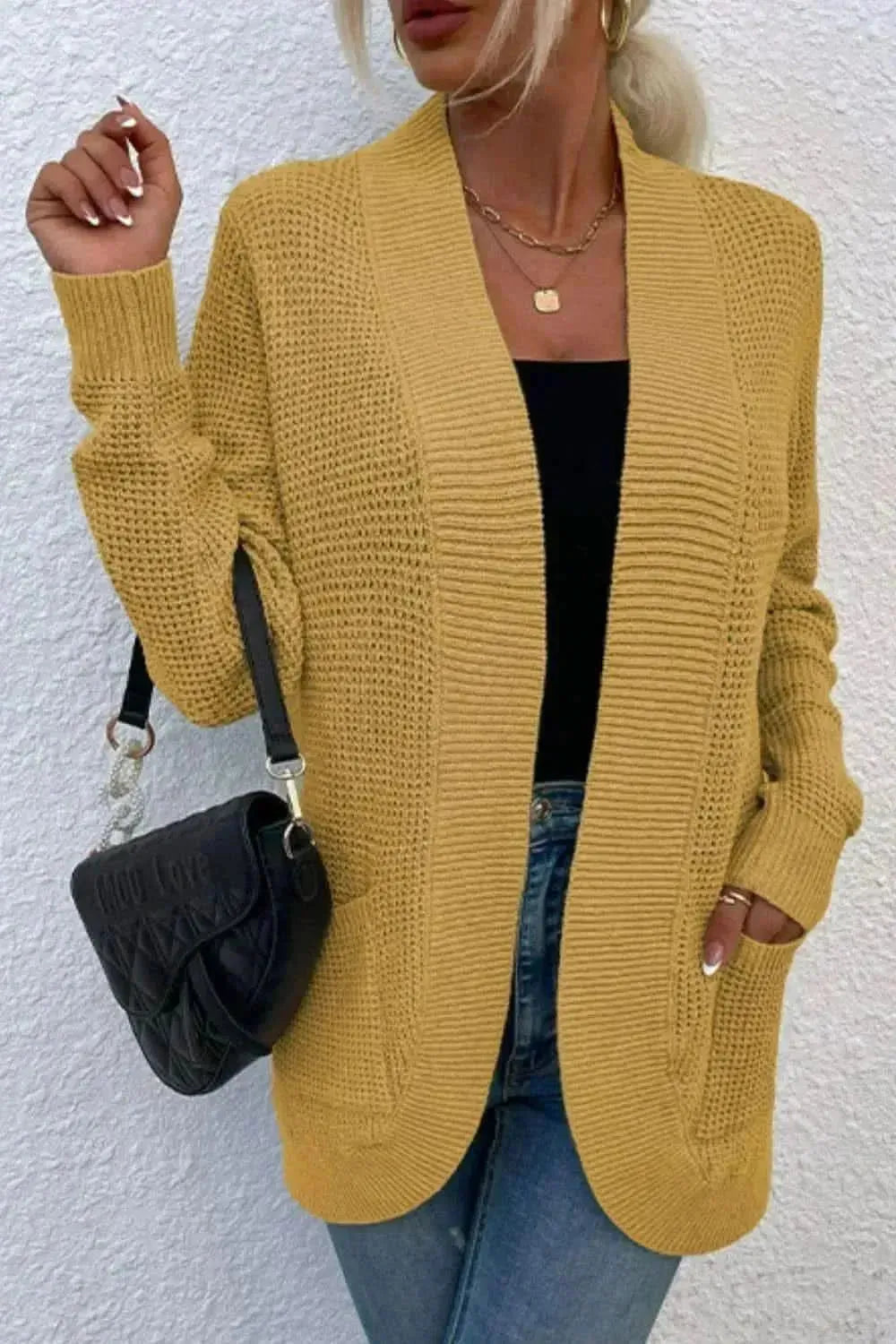 Open Front Rib-Knit Cardigan with Pockets - Bad Moms Club