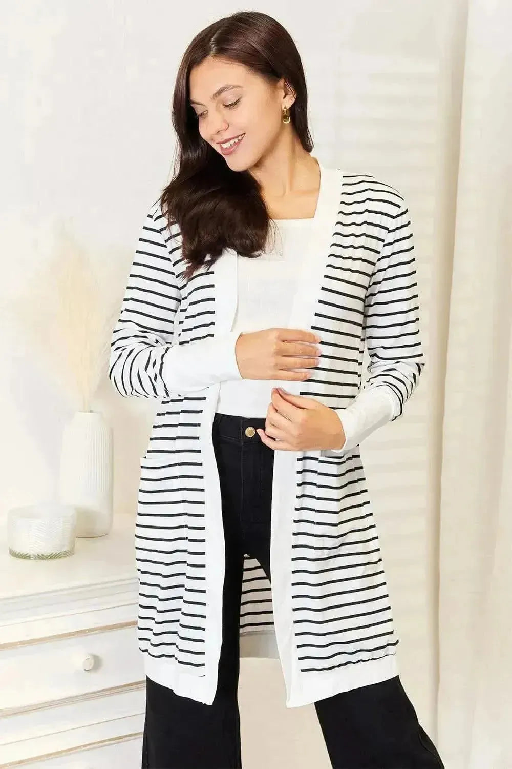 Double Take Striped Open Front Longline Cardigan - Bad Moms Club