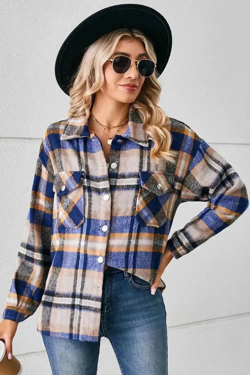 Button Down Collared Plaid Shacket - Bad Moms Club