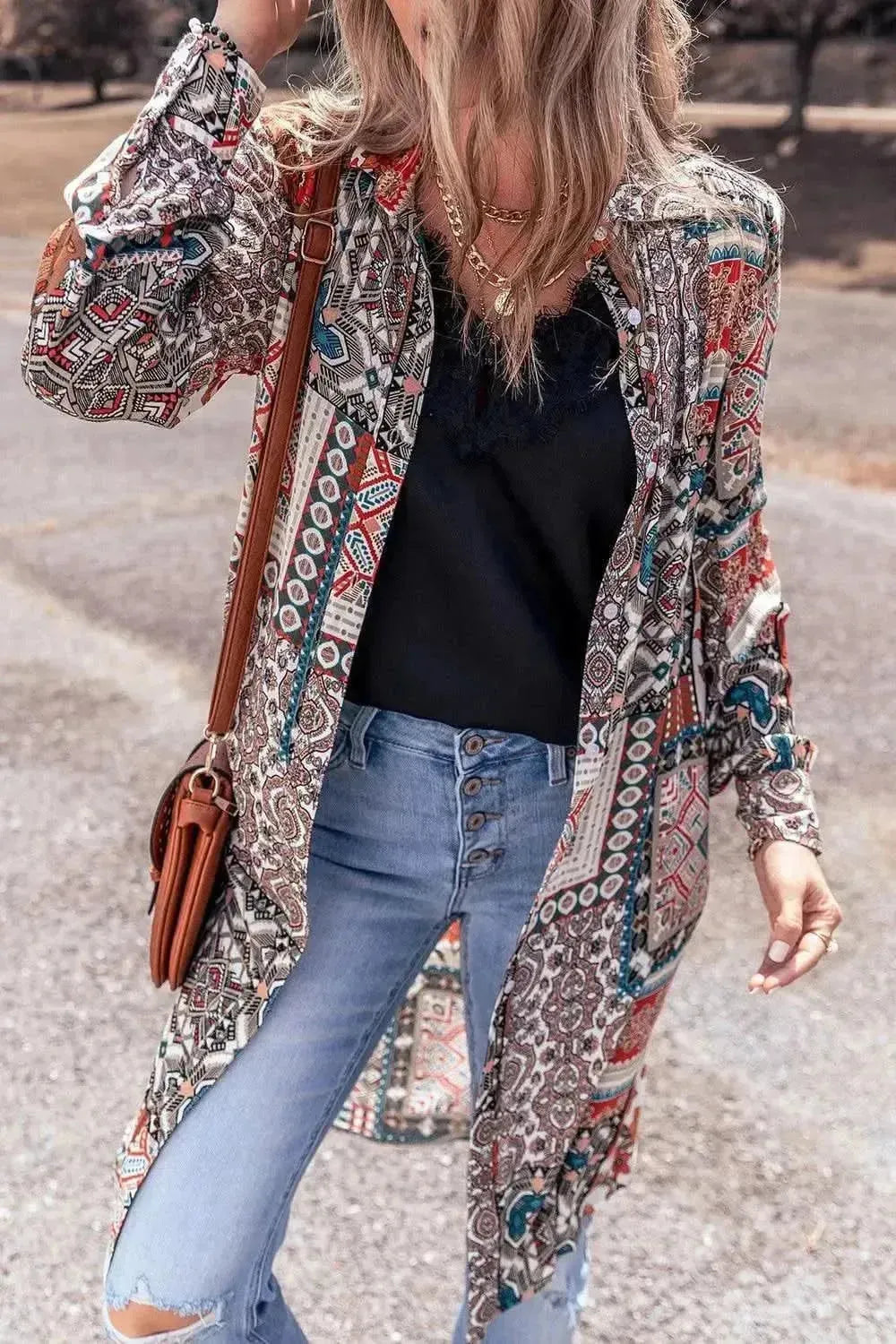 Printed Open Front Collared Neck Cardigan - Bad Moms Club