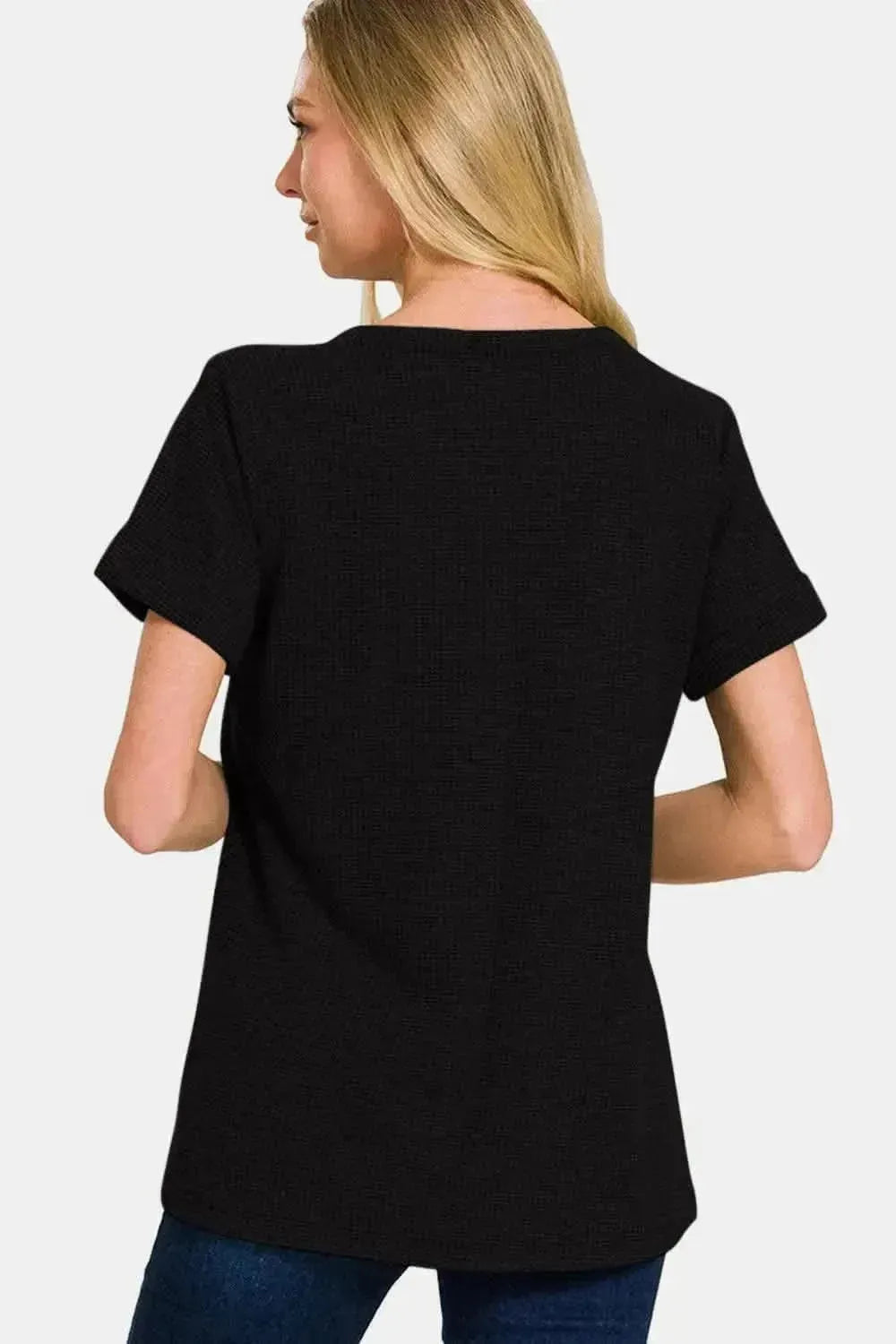 Zenana Notched Short Sleeve Waffle T-Shirt - Bad Moms Club