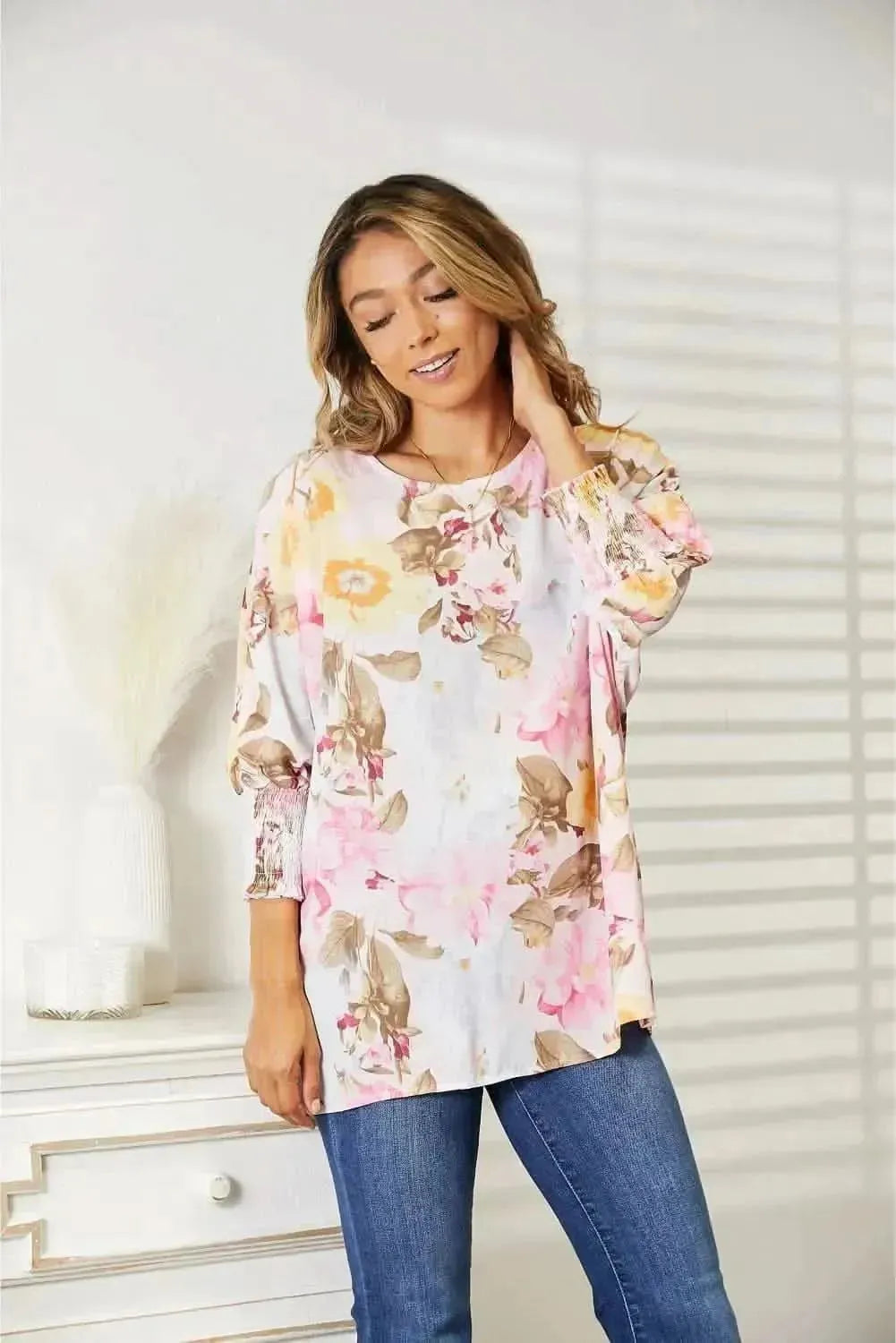 Double Take Floral Round Neck Three-Quarter Sleeve Top - Bad Moms Club