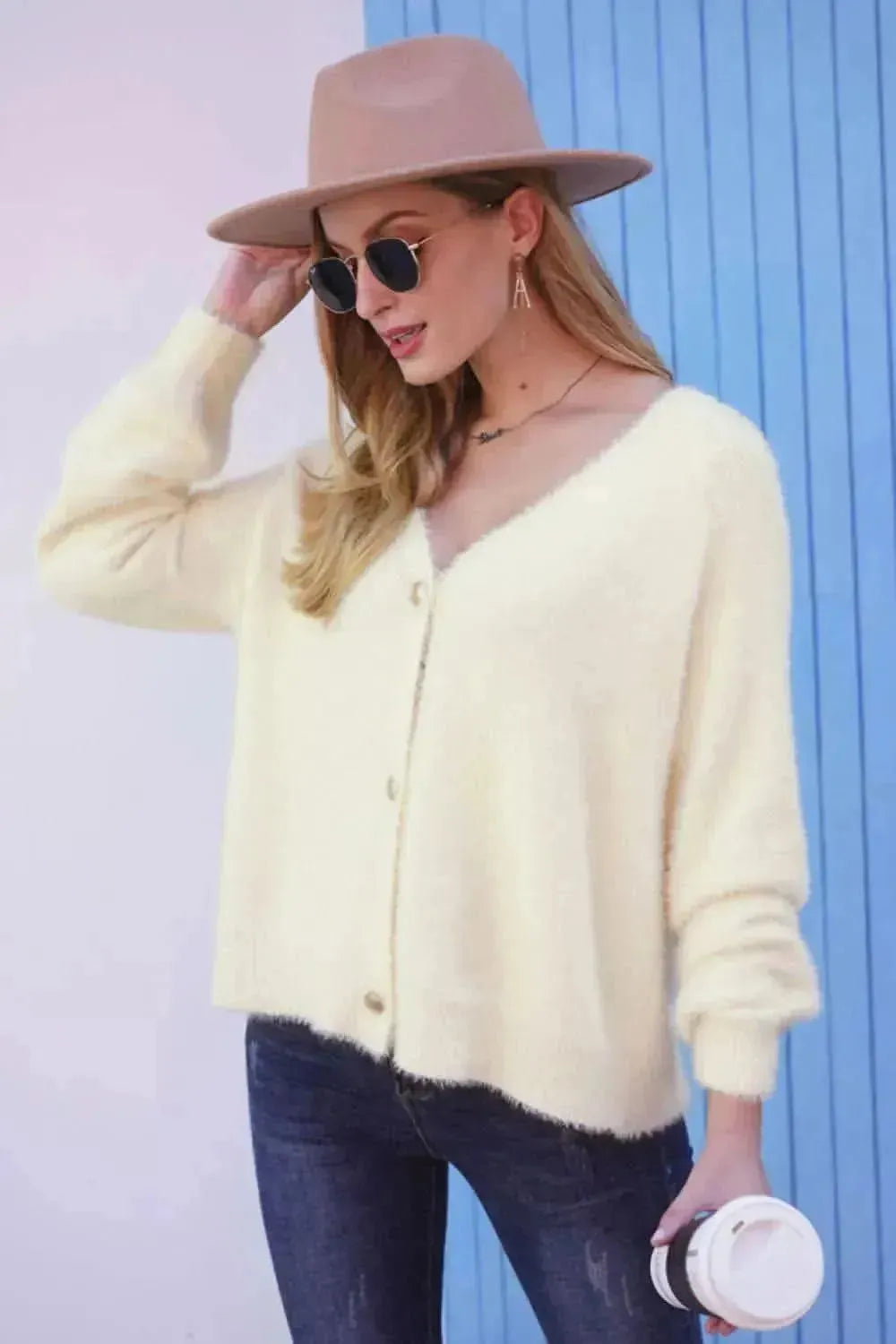 Fuzzy Long Sleeve Button Down Cardigan - Bad Moms Club