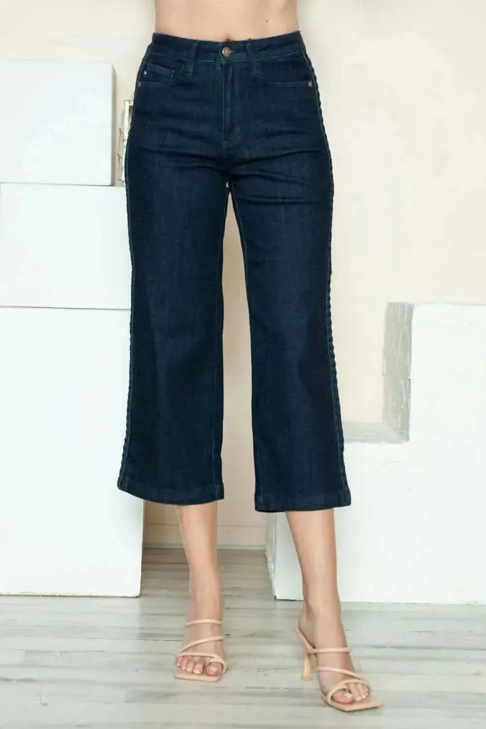 Judy Blue Full Size Side Seam Braid Detail Crop Wide Leg Jeans - Bad Moms Club