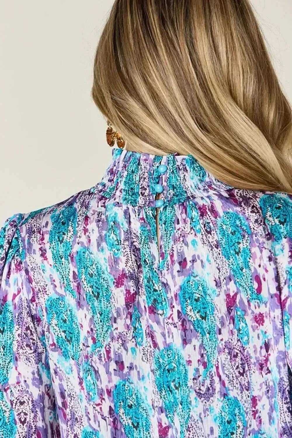 Double Take Full Size Printed Smocked Long Sleeve Blouse - Bad Moms Club