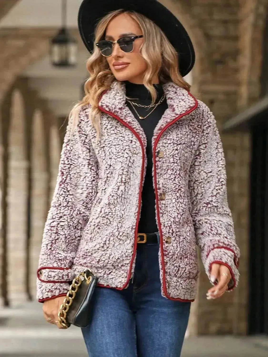 Fuzzy Pocketed Button Up Jacket - Bad Moms Club