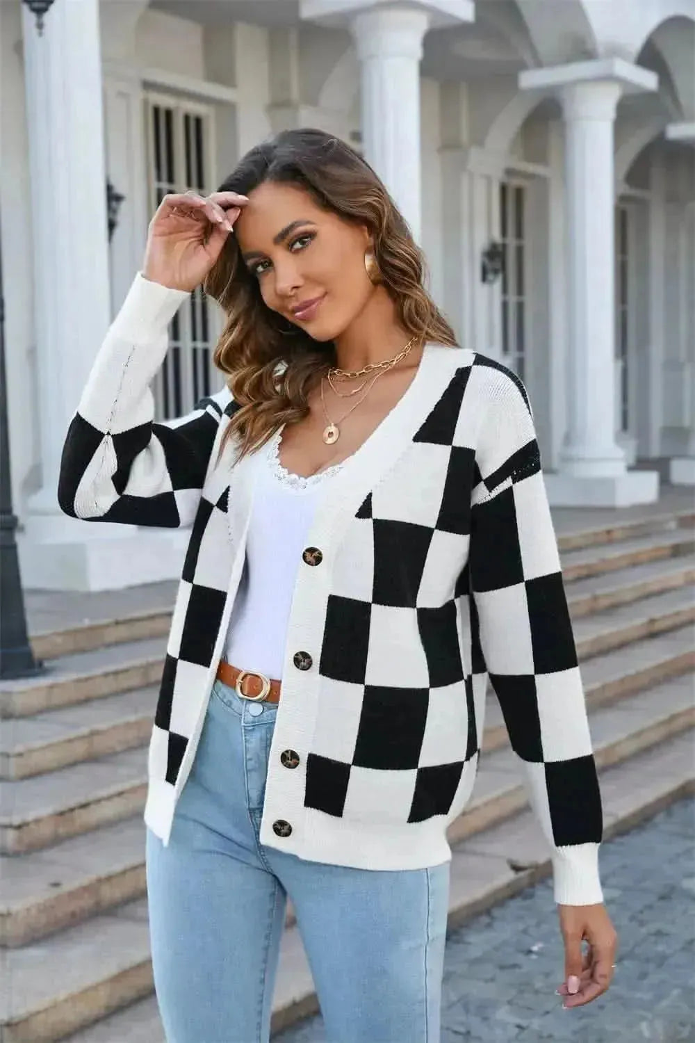 Button-Up V-Neck Dropped Shoulder Cardigan - Bad Moms Club