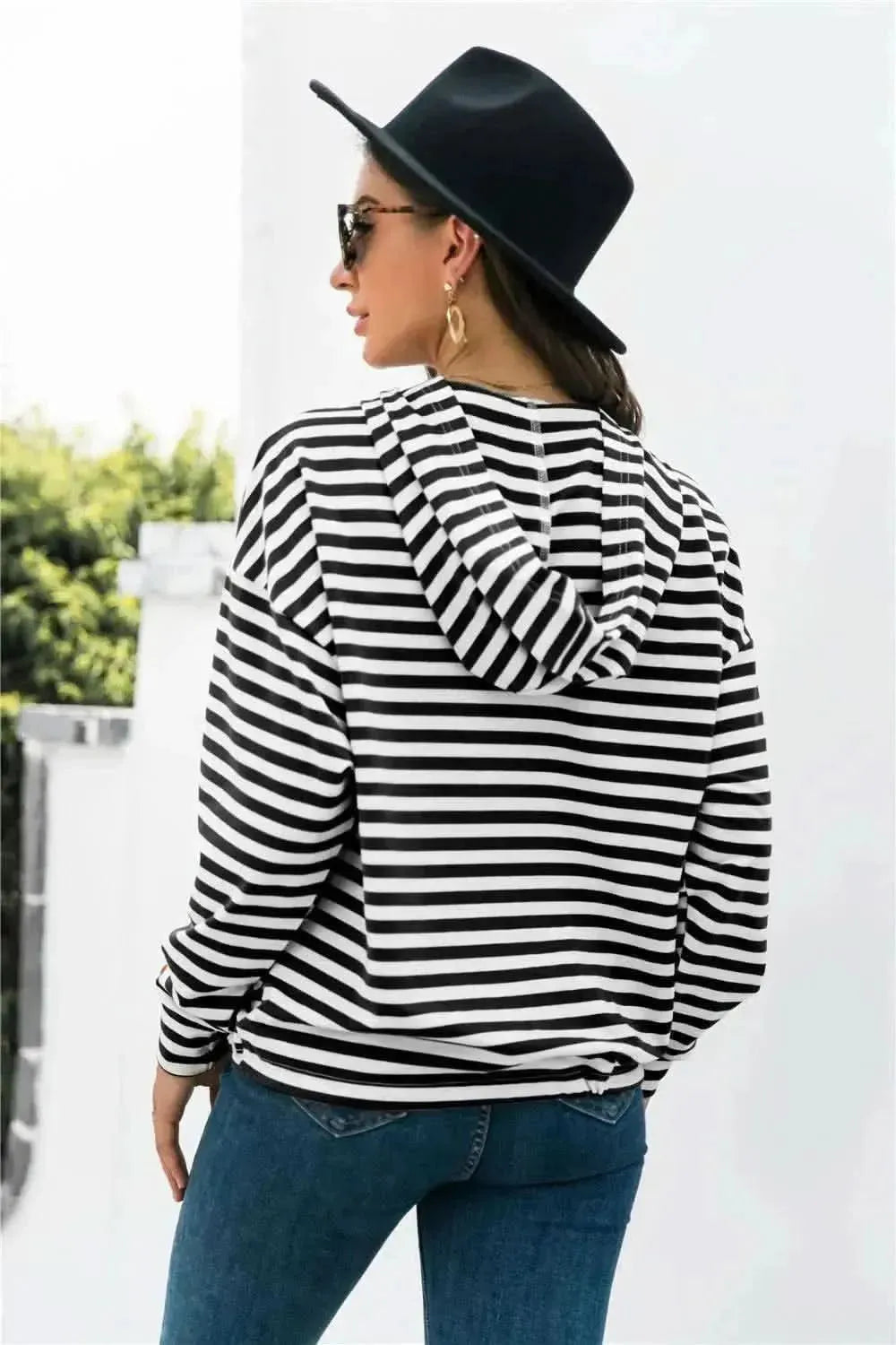 Striped Half-Button Dropped Shoulder Hoodie - Bad Moms Club