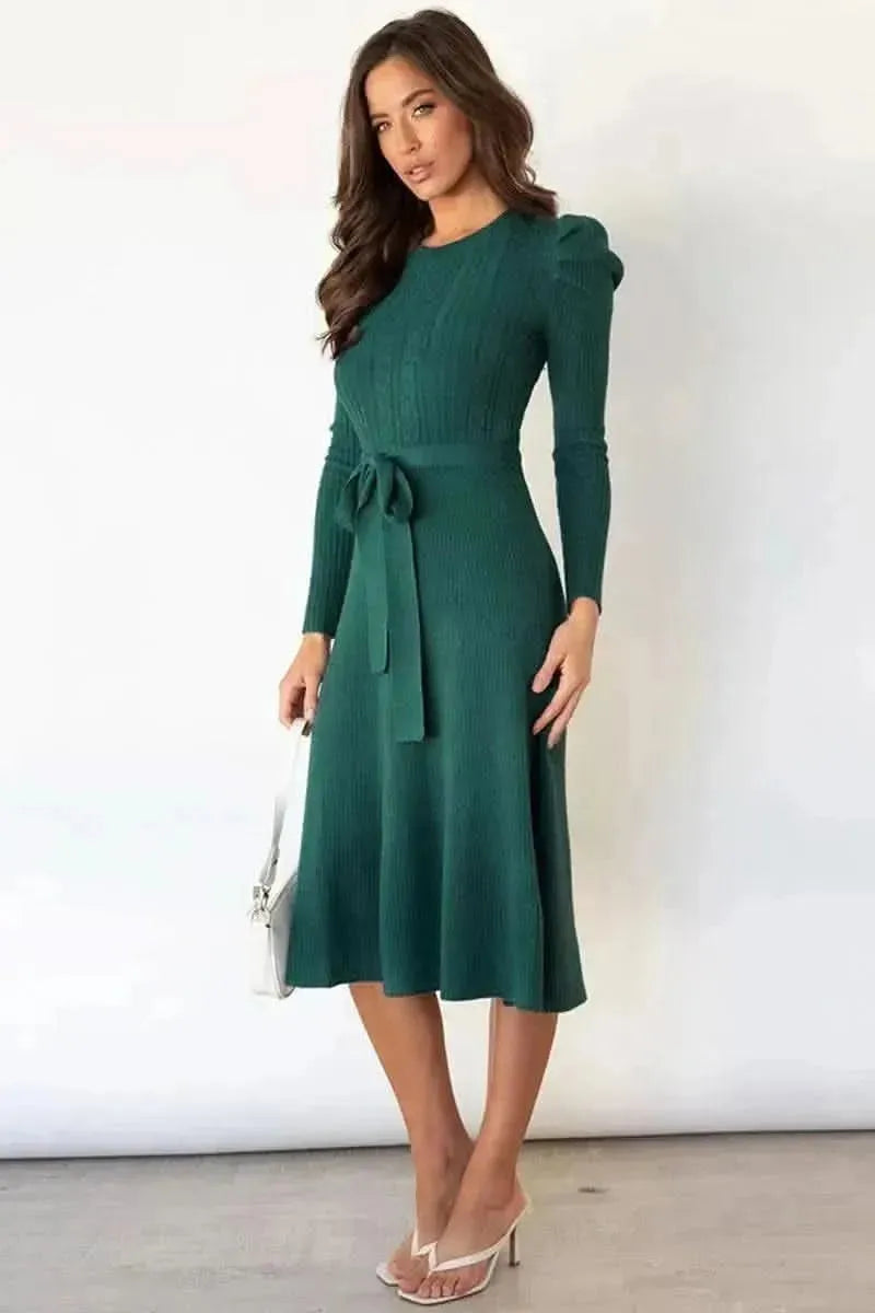 Round Neck Long Sleeve Tie Waist Sweater Dress - Bad Moms Club