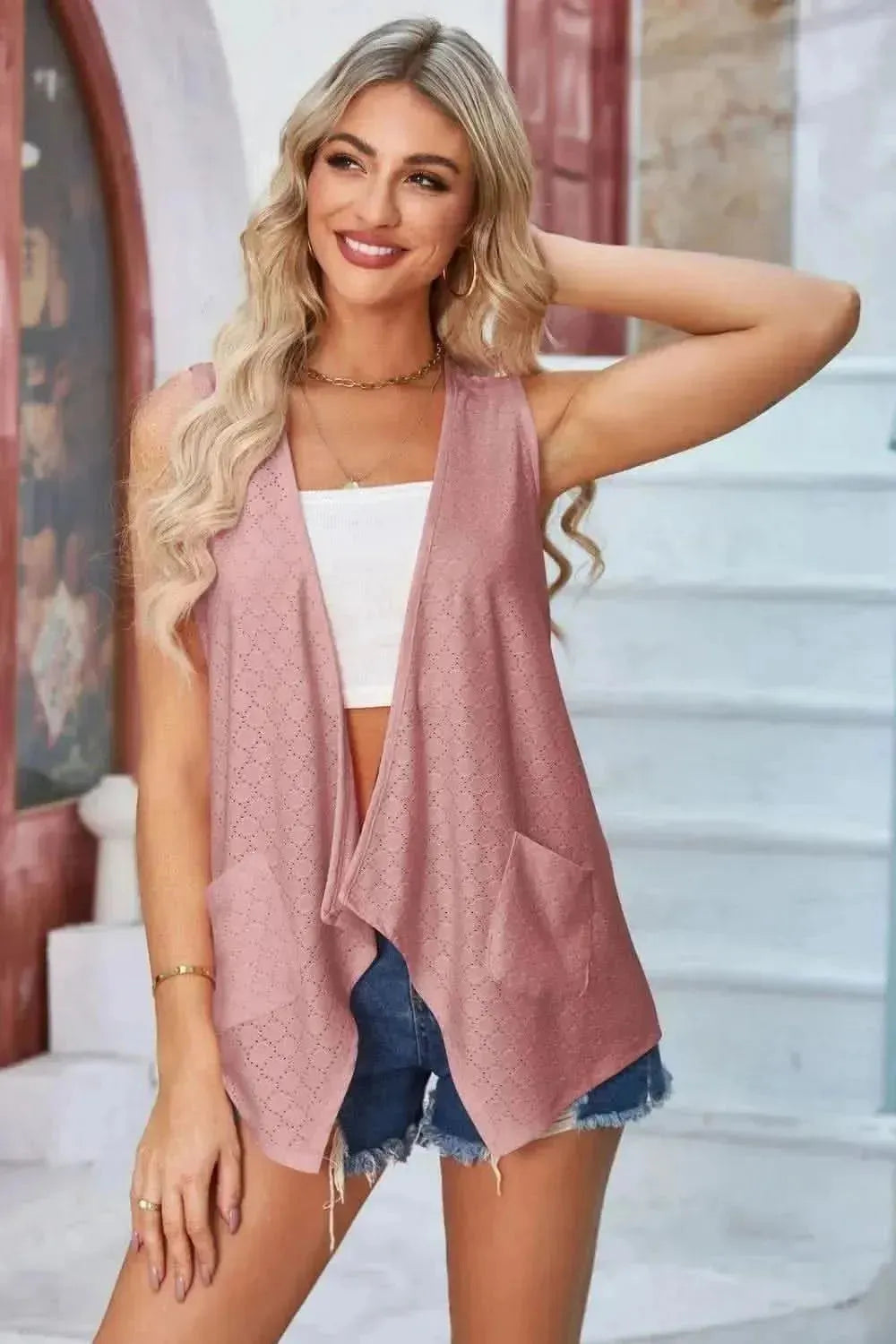 Eyelet Open Front Sleeveless Cardigan - Bad Moms Club