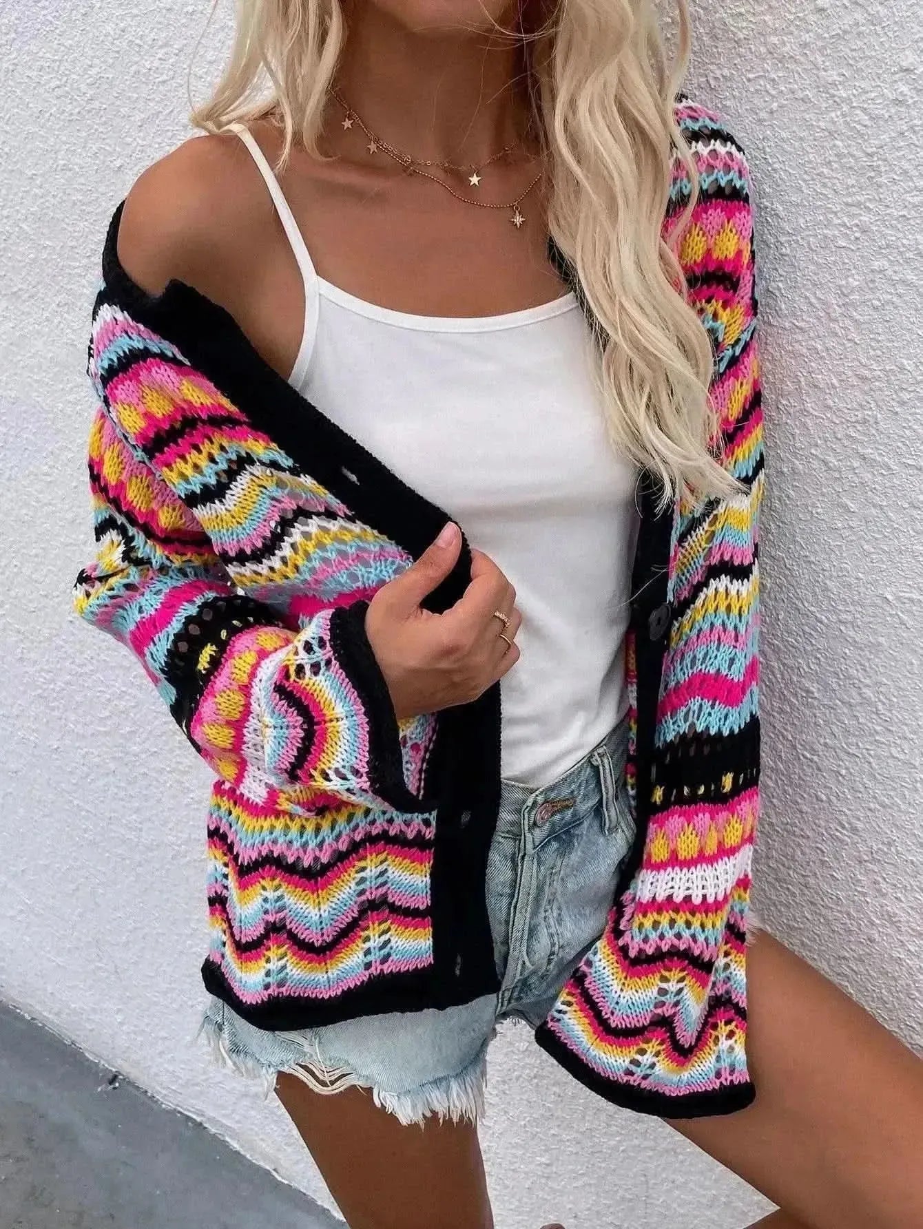 Chevron Stripes Openwork Cardigan - Bad Moms Club