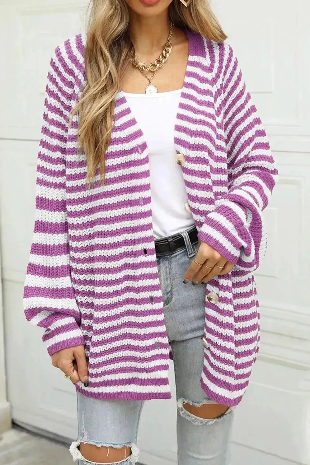 Striped Button Up Long Sleeve Cardigan - Bad Moms Club