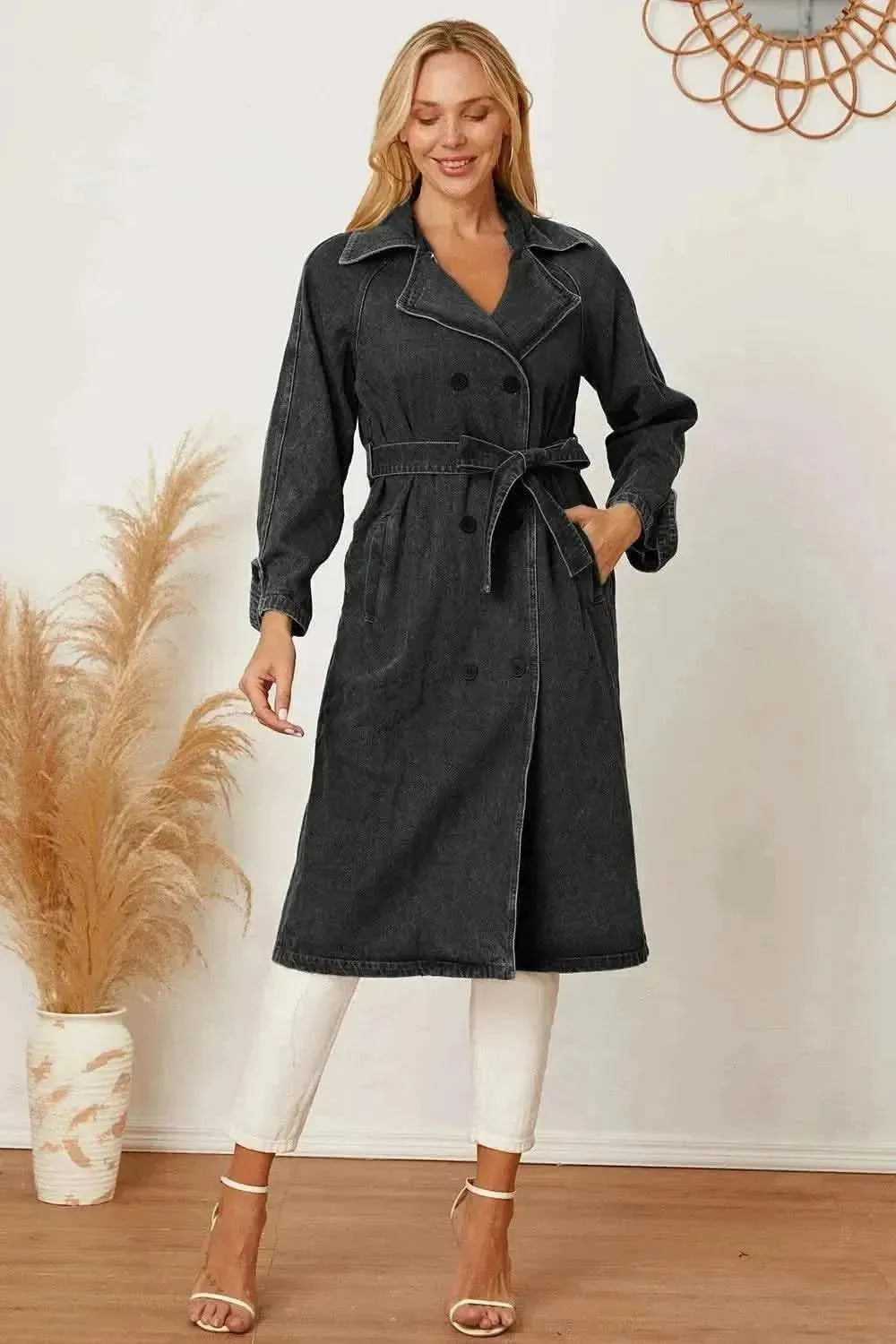 MeiMei Double-Breasted Belted Longline Denim Jacket - Bad Moms Club