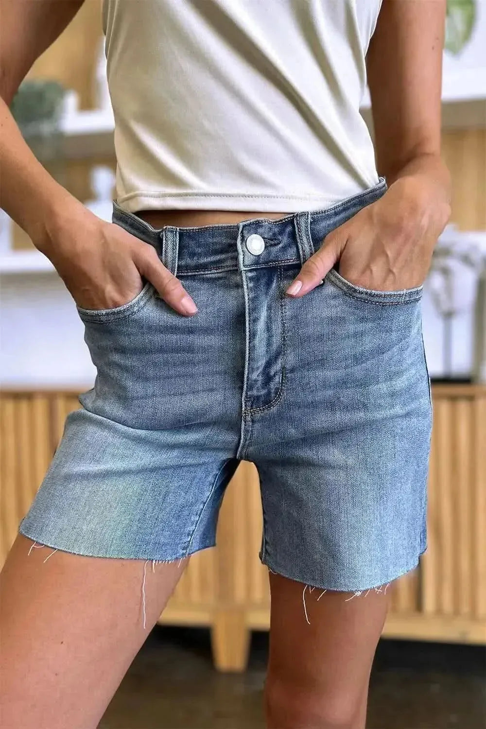 Judy Blue Full Size High Waist Raw Hem Denim Shorts - Bad Moms Club