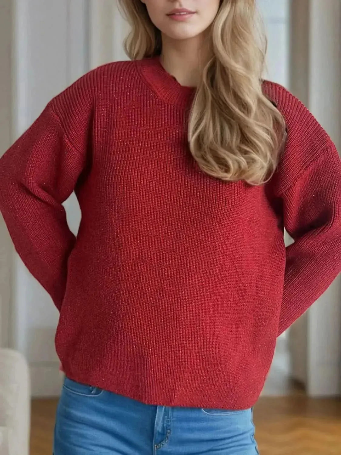 Solid Color Round Neck Long Sleeve Sweater - Bad Moms Club