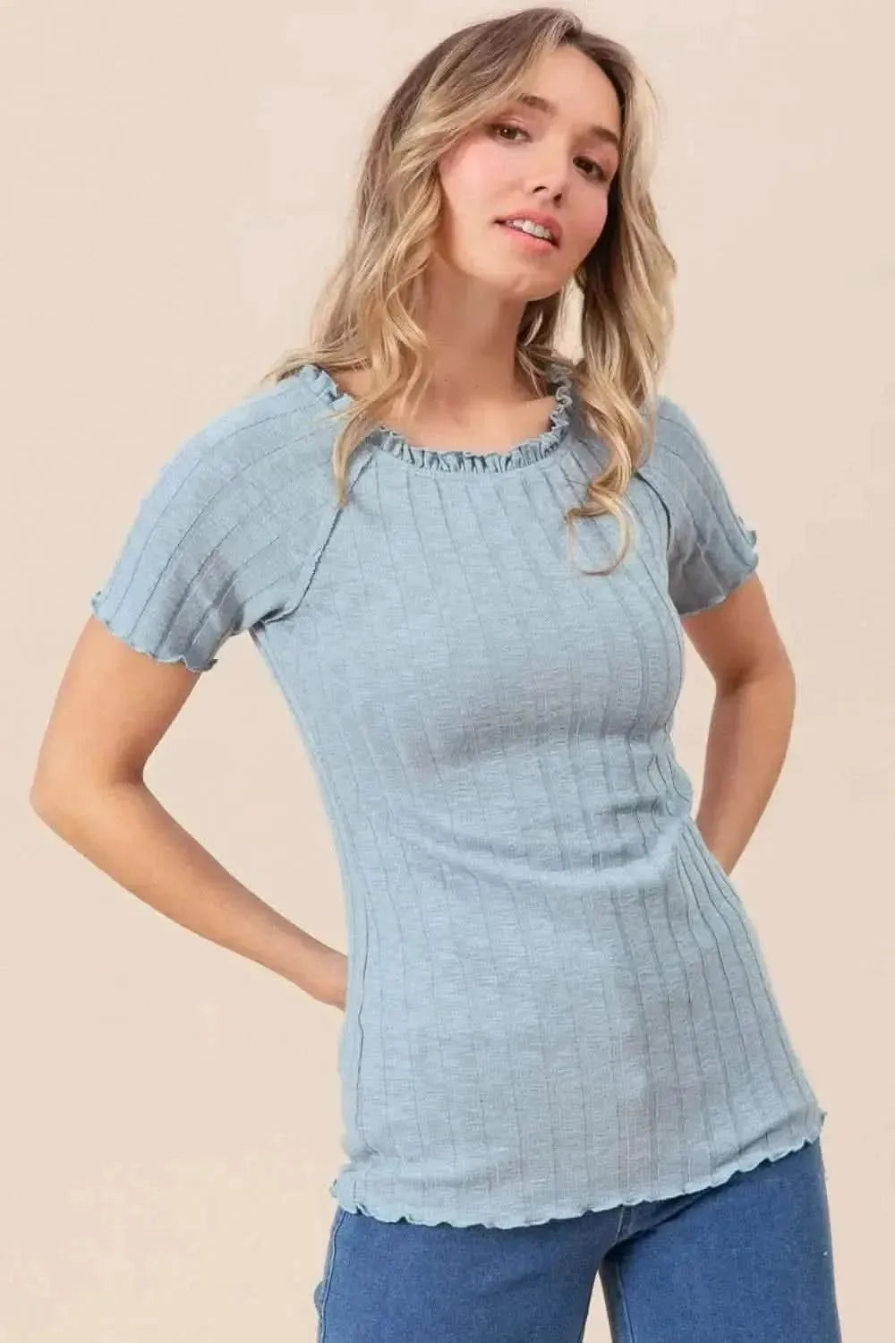 BiBi Ruffle Round Neck Merrow Edge Rib Top - Bad Moms Club