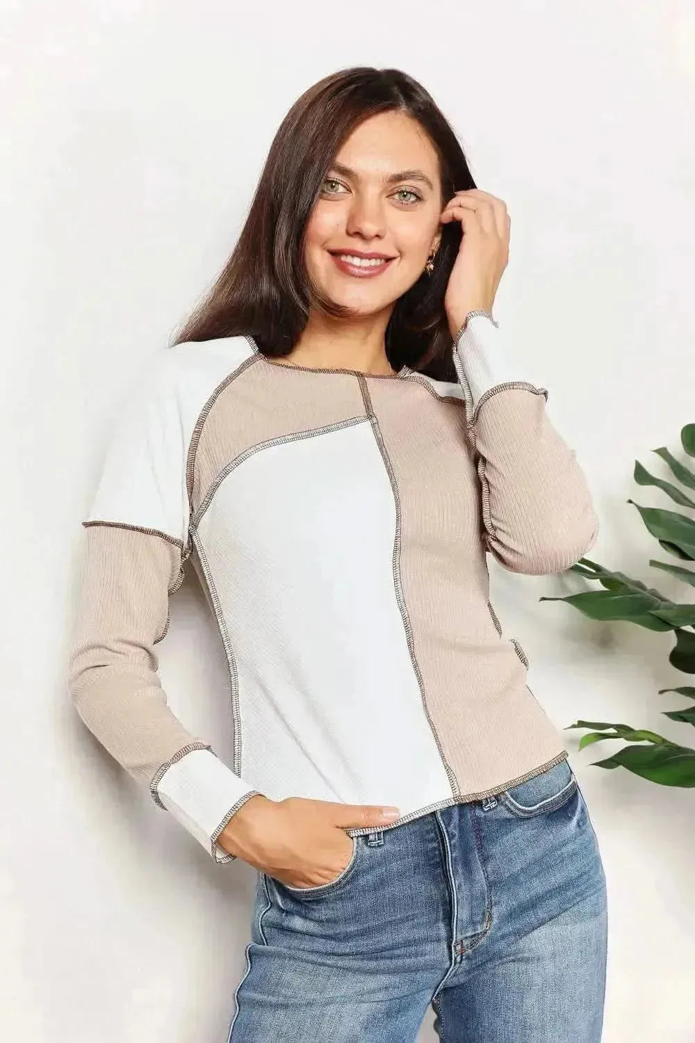 Double Take Color Block Exposed Seam Top - Bad Moms Club