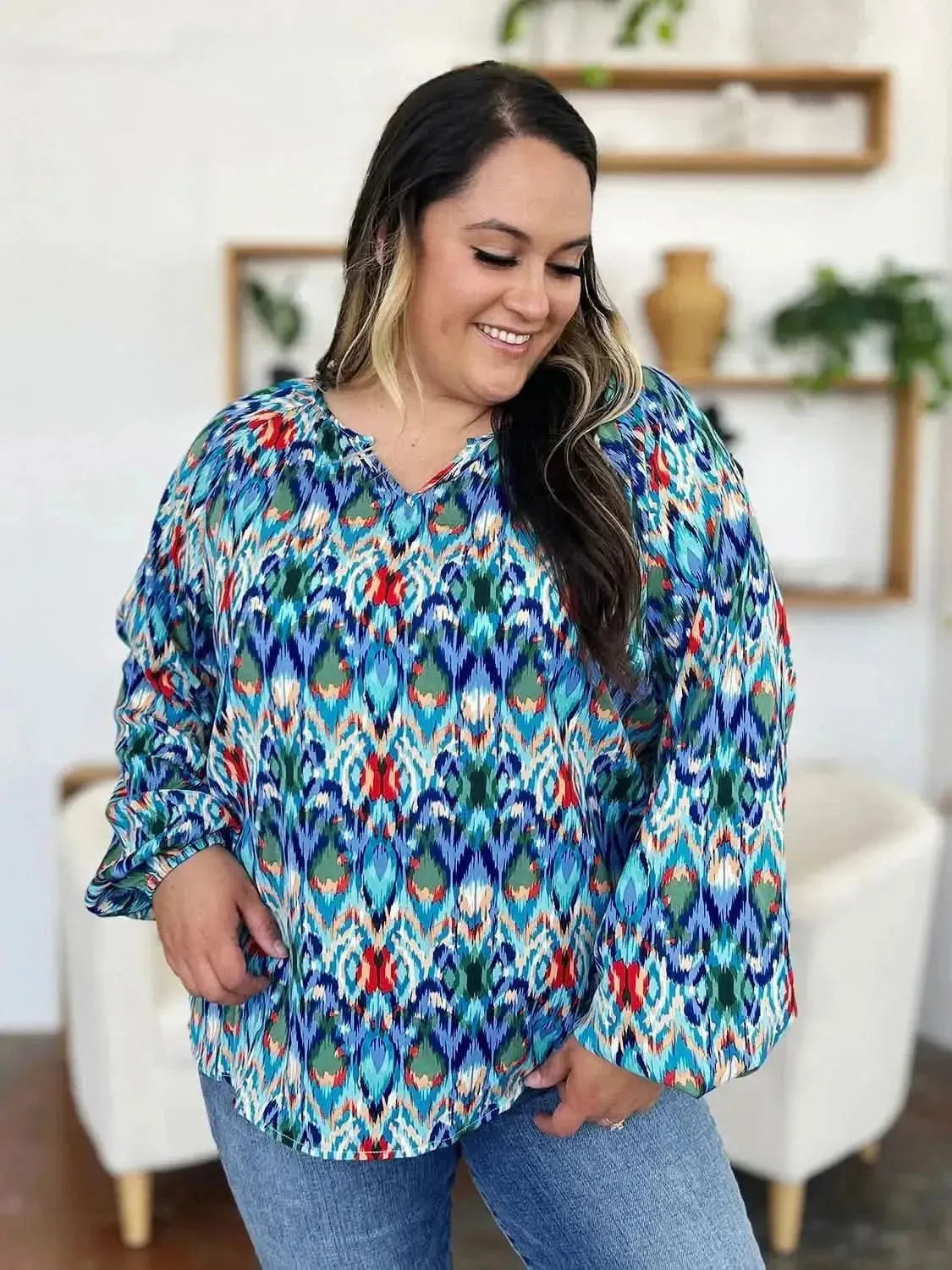 Double Take Full Size Printed Balloon Sleeve Blouse - Bad Moms Club