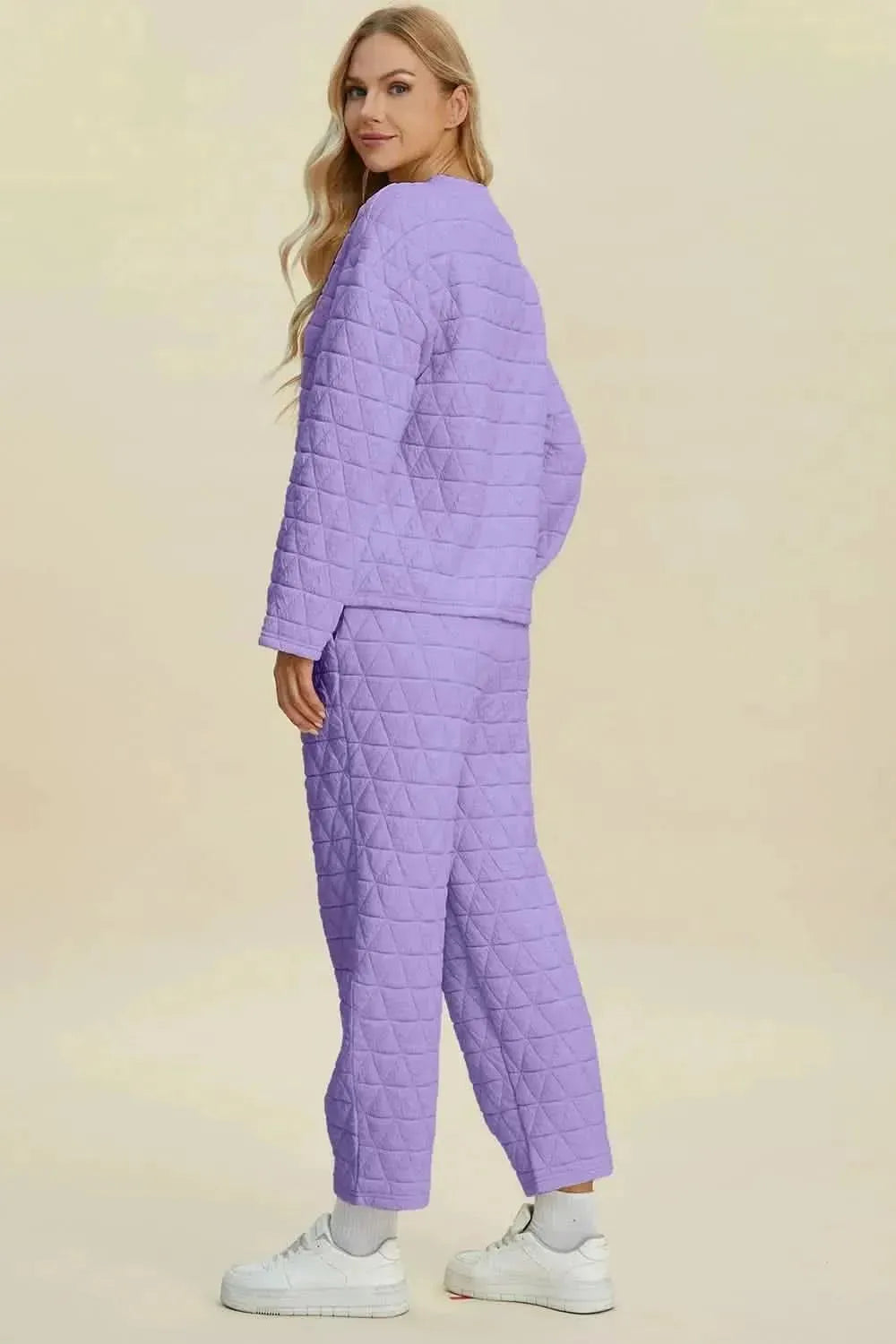 Double Take Full Size Texture Round Neck Long Sleeve Top and Pants Set - Bad Moms Club