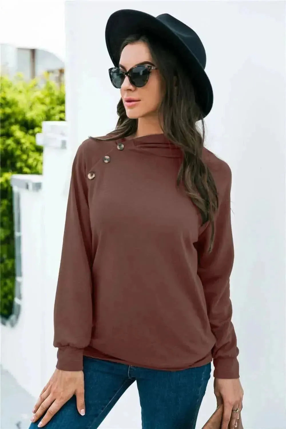 Decorative Button Long Sleeve Sweatshirt - Bad Moms Club