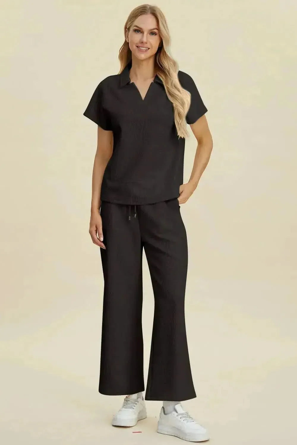 Double Take Full Size Collared Neck Short Sleeve Top and Pants Set - Bad Moms Club