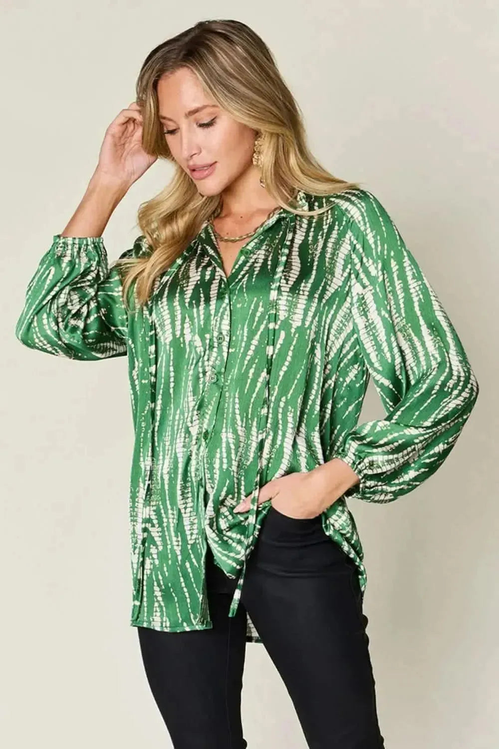 Double Take Full Size Printed Button Up Long Sleeve Shirt - Bad Moms Club