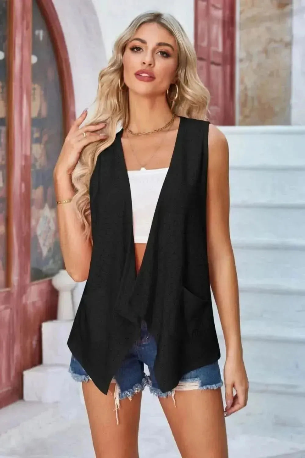 Eyelet Open Front Sleeveless Cardigan - Bad Moms Club