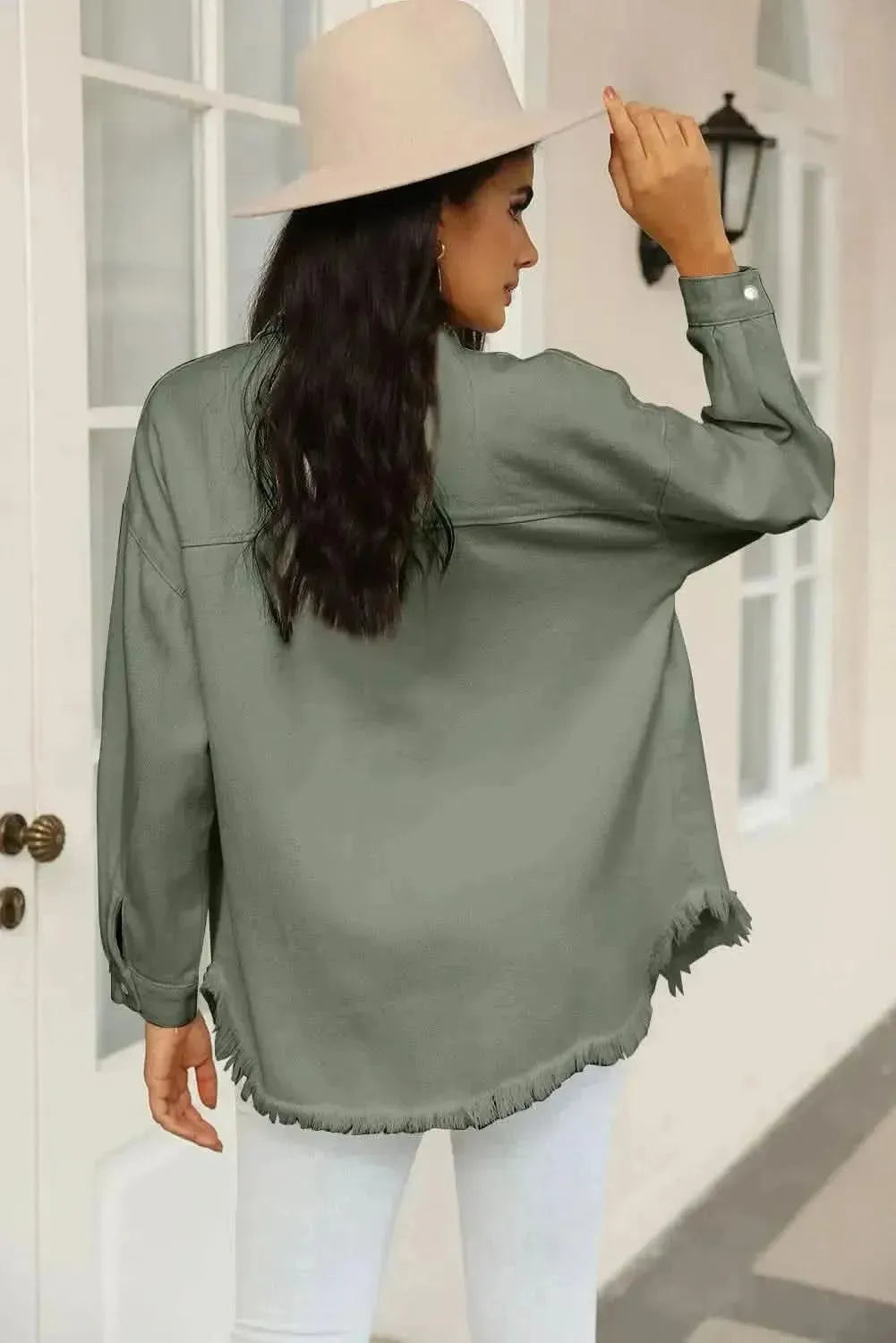 Distressed Snap Down Raw Hem Denim Jacket - Bad Moms Club
