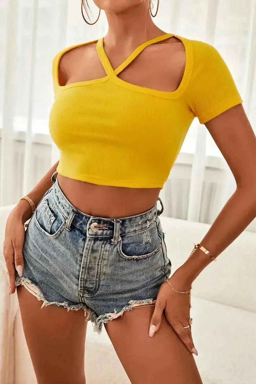 Cutout Short Sleeve Cropped Top - Bad Moms Club
