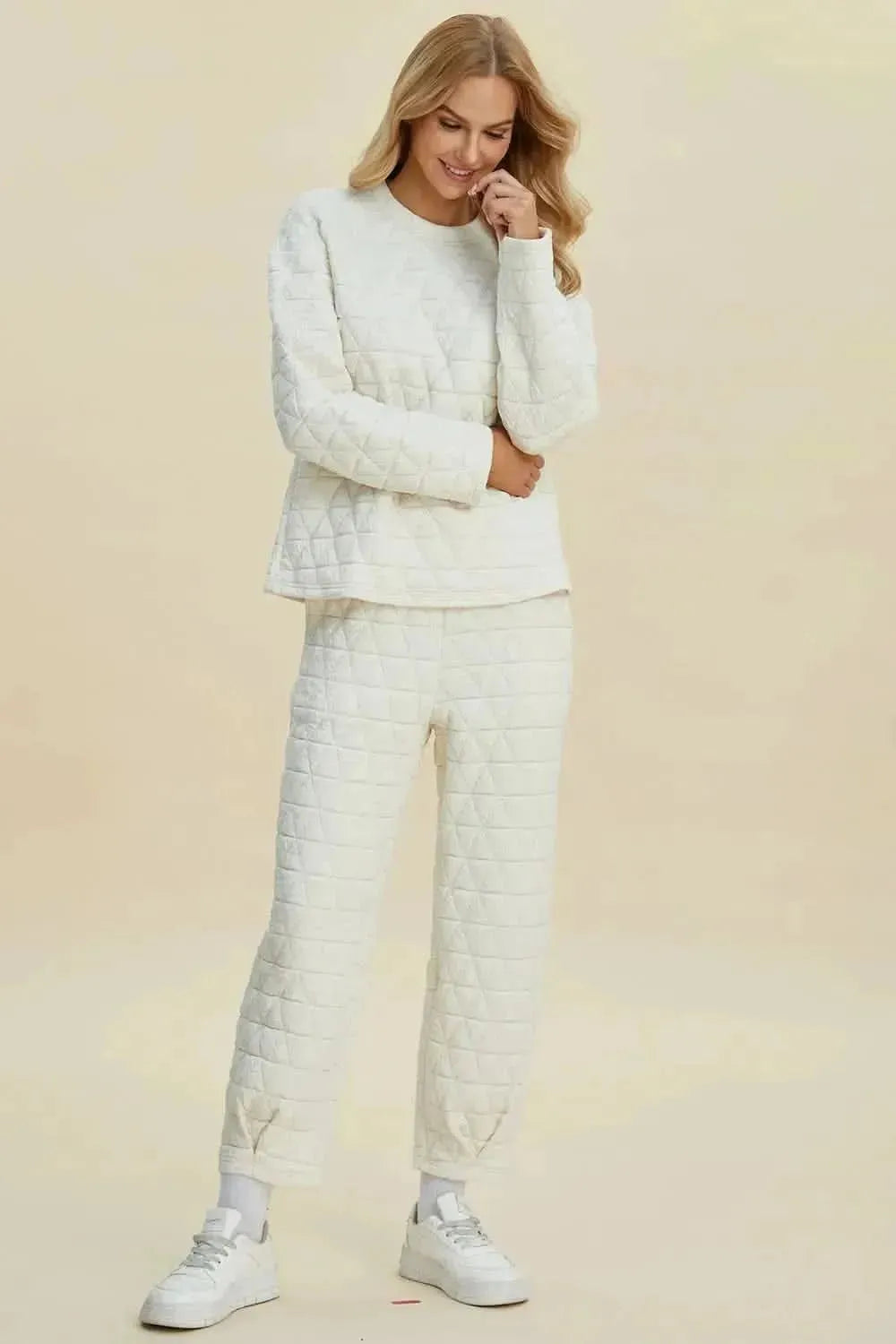 Double Take Full Size Texture Round Neck Long Sleeve Top and Pants Set - Bad Moms Club