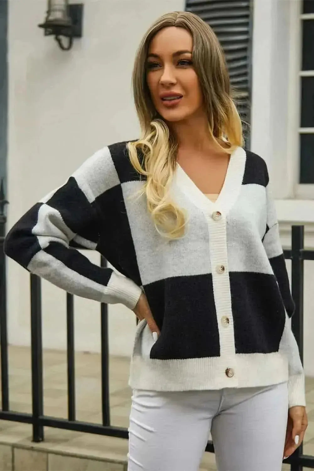 Plaid V-Neck Dropped Shoulder Cardigan - Bad Moms Club