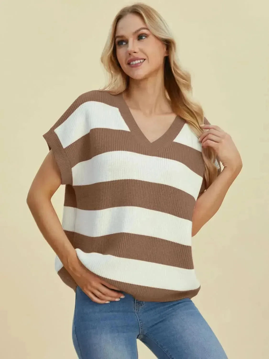 Double Take Full Size Striped V-Neck Short Sleeve Sweater - Bad Moms Club