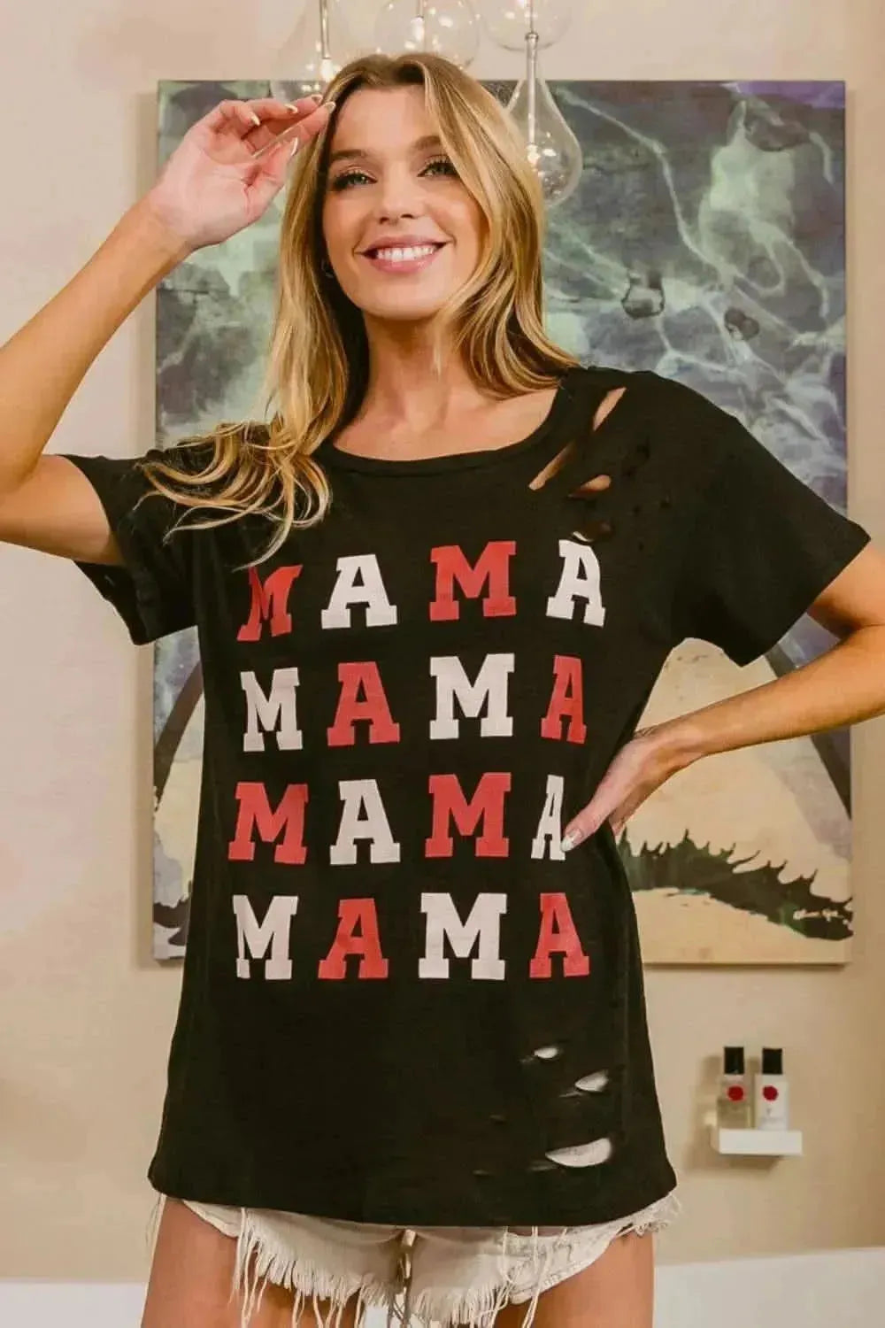 BiBi MAMA Graphic Distressed Short Sleeve T-Shirt - Bad Moms Club