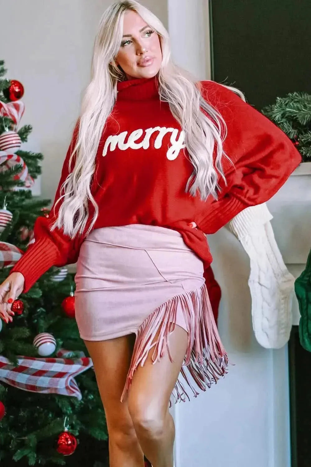 Double Take Full Size Merry Christmas Turtleneck Long Sleeve Sweater - Bad Moms Club