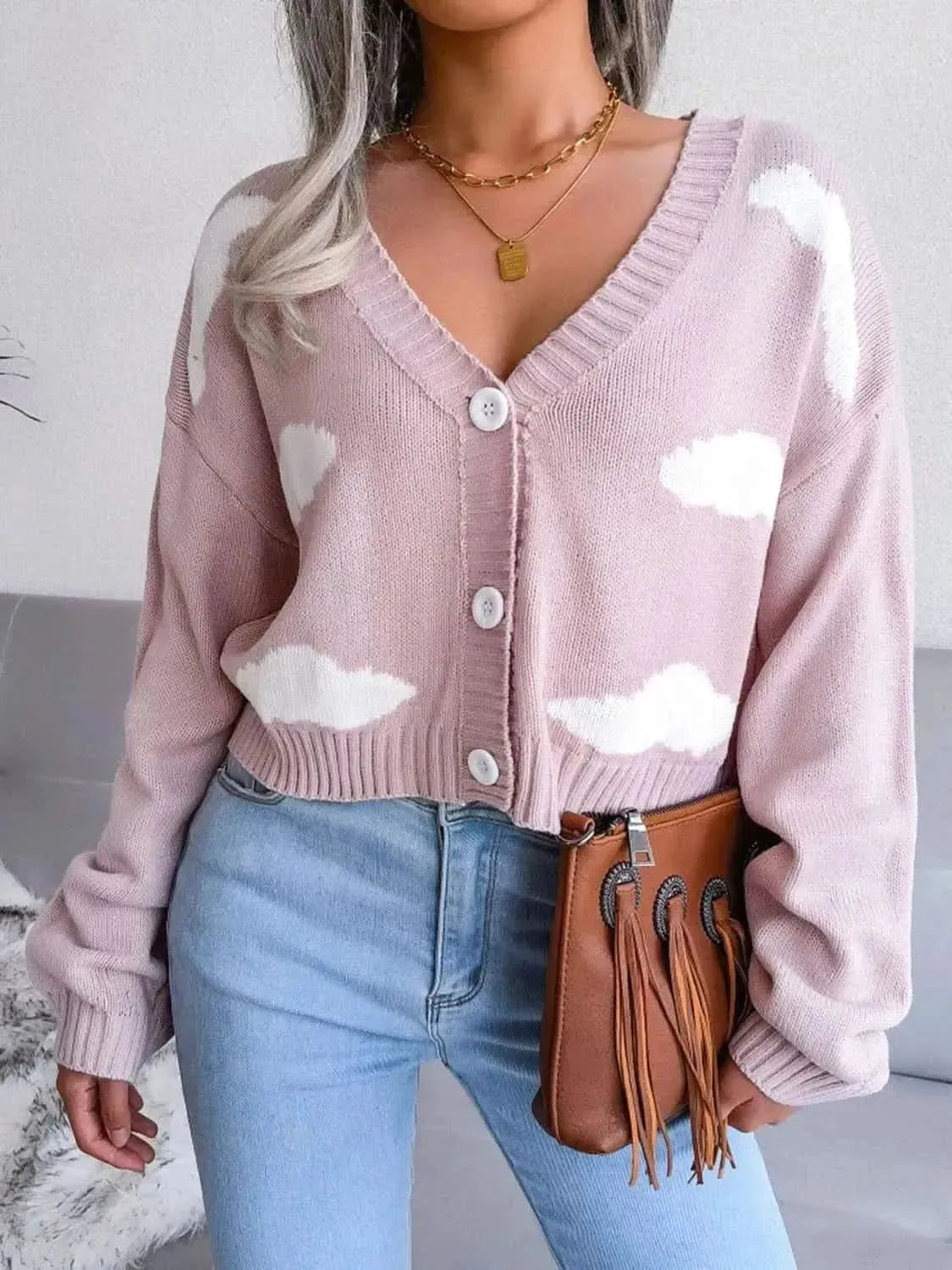 Cloud Print Button Down Ribbed Trim Cardigan - Bad Moms Club