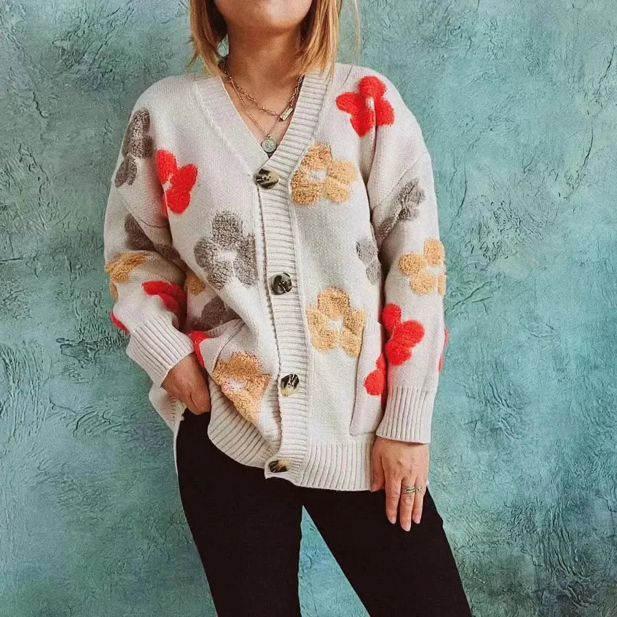 Floral V-Neck Button Up Cardigan with Pockets - Bad Moms Club
