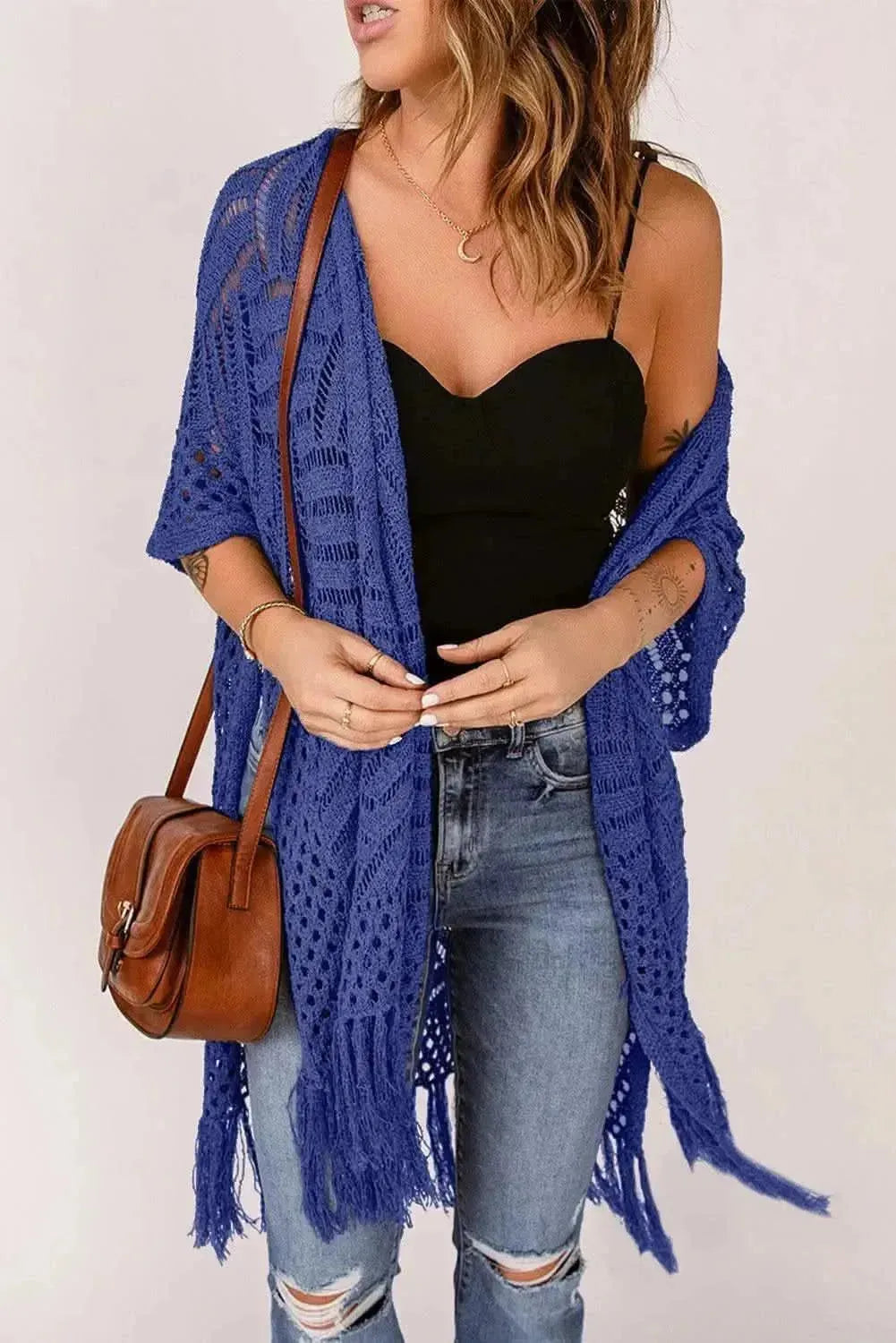 Openwork Open Front Cardigan with Fringes - Bad Moms Club