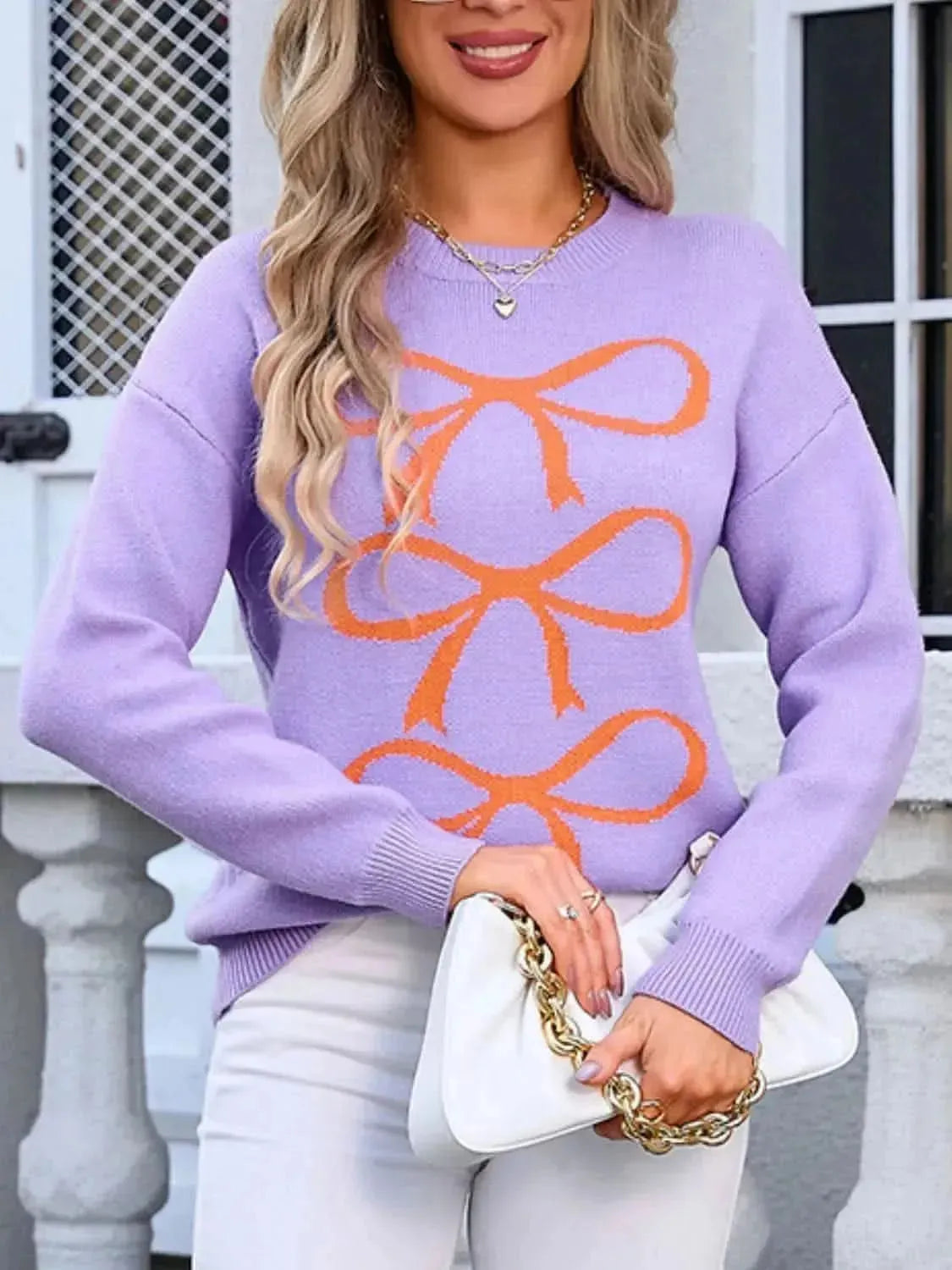 Angel Wings Bow Graphic Round Neck Long Sleeve Sweater - Bad Moms Club