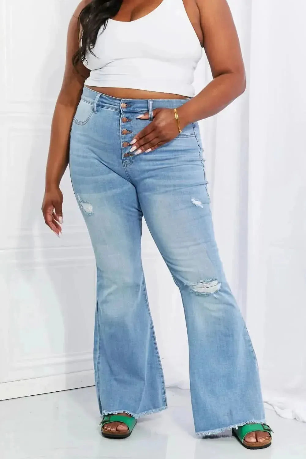 Vibrant MIU Full Size Jess Button Flare Jeans - Bad Moms Club