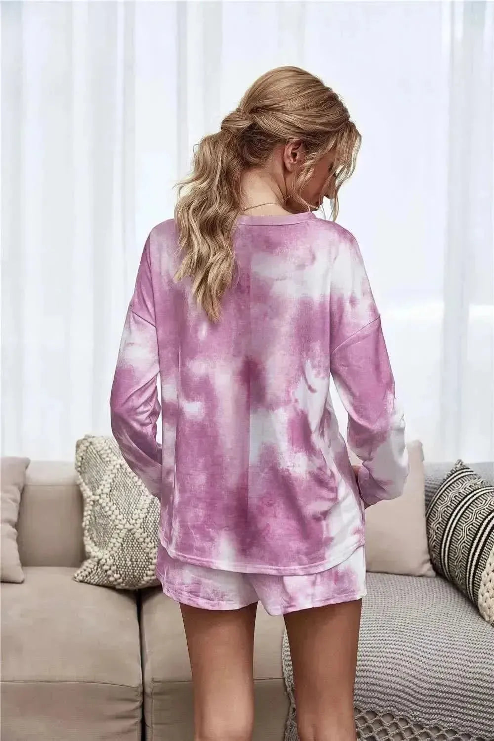 Tie-Dye Dropped Shoulder Top and Shorts Lounge Set - Bad Moms Club
