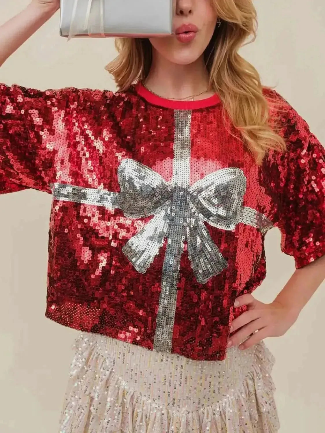 Sequin Bow Graphic Round Neck Half Sleeve T-Shirt - Bad Moms Club