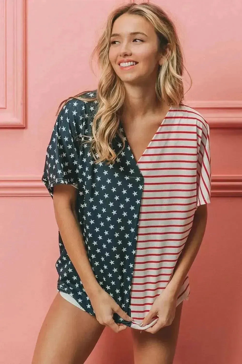 BiBi US Flag Themed Color Block Short Sleeve T-Shirt - Bad Moms Club
