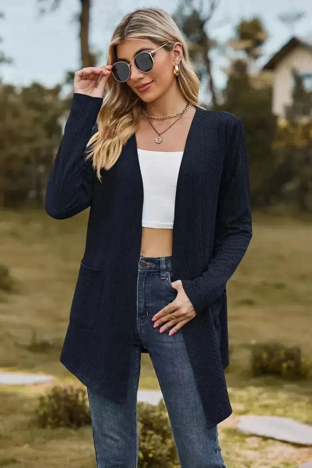 Cable-Knit Long Sleeve Cardigan with Pocket - Bad Moms Club